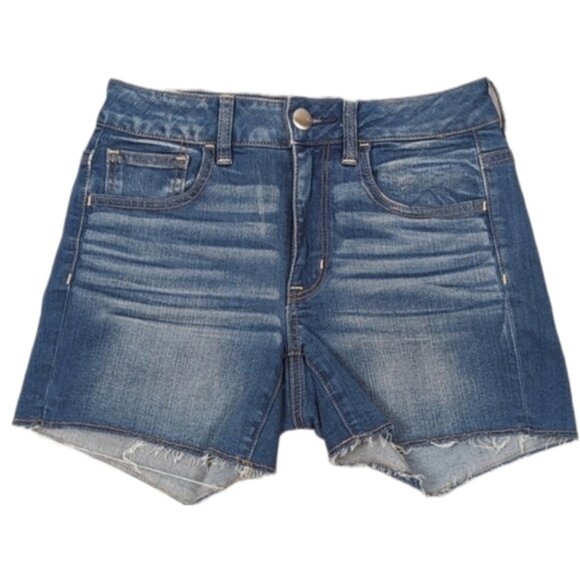 3/$20 AEO Hi Rise Shortie Denim Shorts High Waisted Stretch Raw Hem Cut Off Jean - Picture 1 of 12